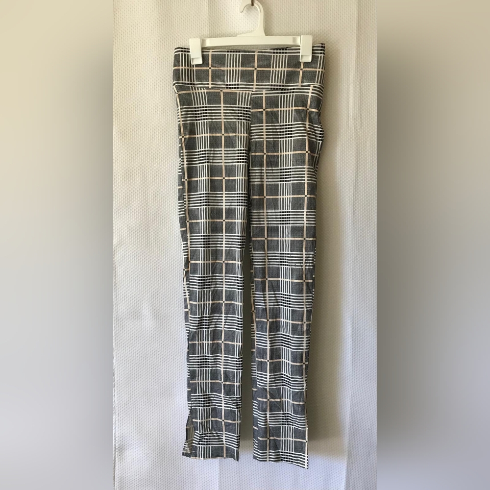 Women's Grey Bkack Plaid Ankle Pants Slit Hem Strech Size L